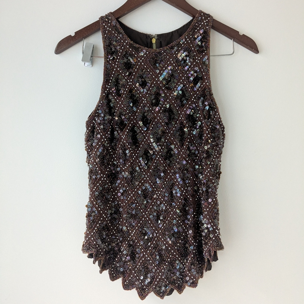 Sequin Embellished Sleeveless Top - Brown